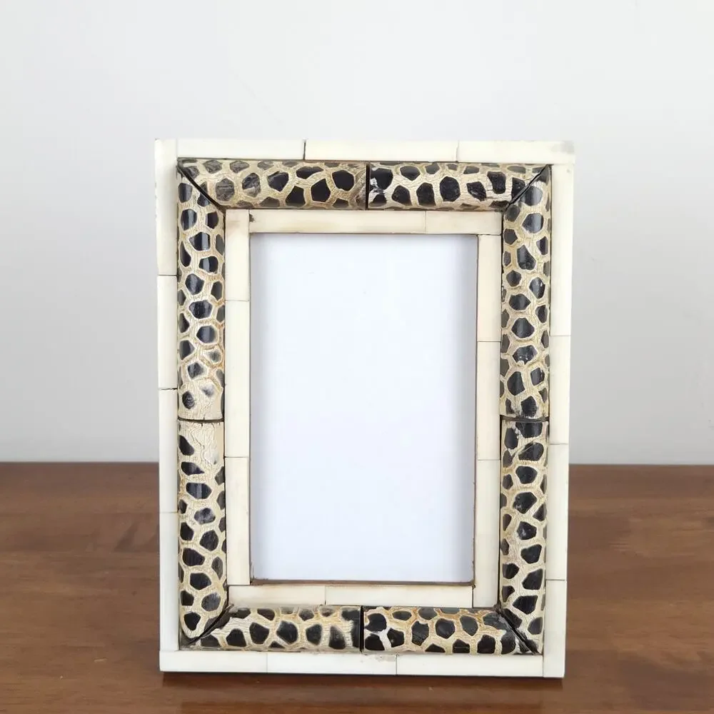 Handcrafted Bone Inlay Picture Frame Giraffe Safari Boho Eclectic Organic 4x6